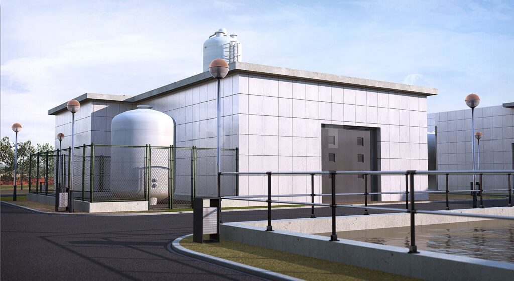 Render de pabellón industrial y estructuras metálicas