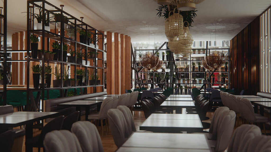 Infoarquitectura de restaurante con iluminación realista