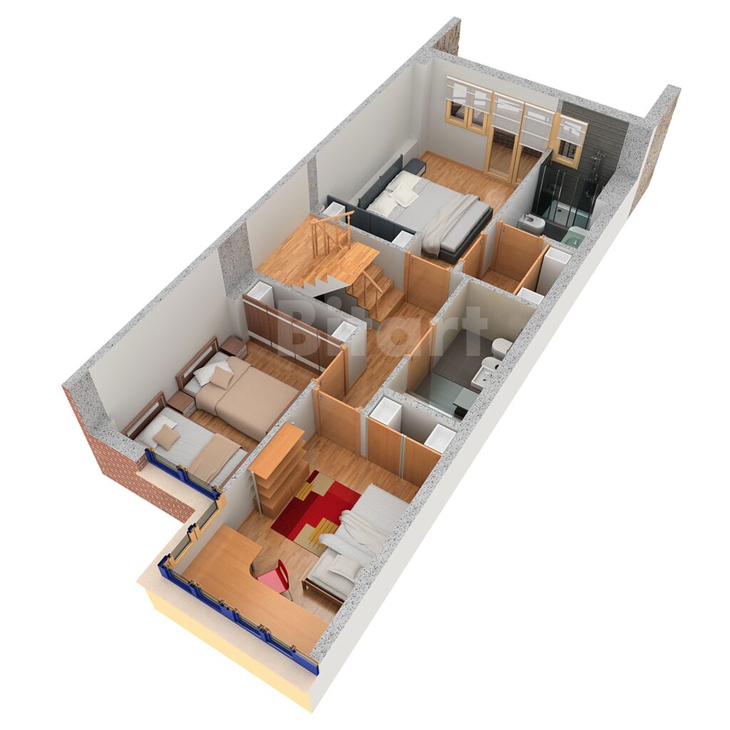 Sección arquitectónica 3D de vivienda planta abierta